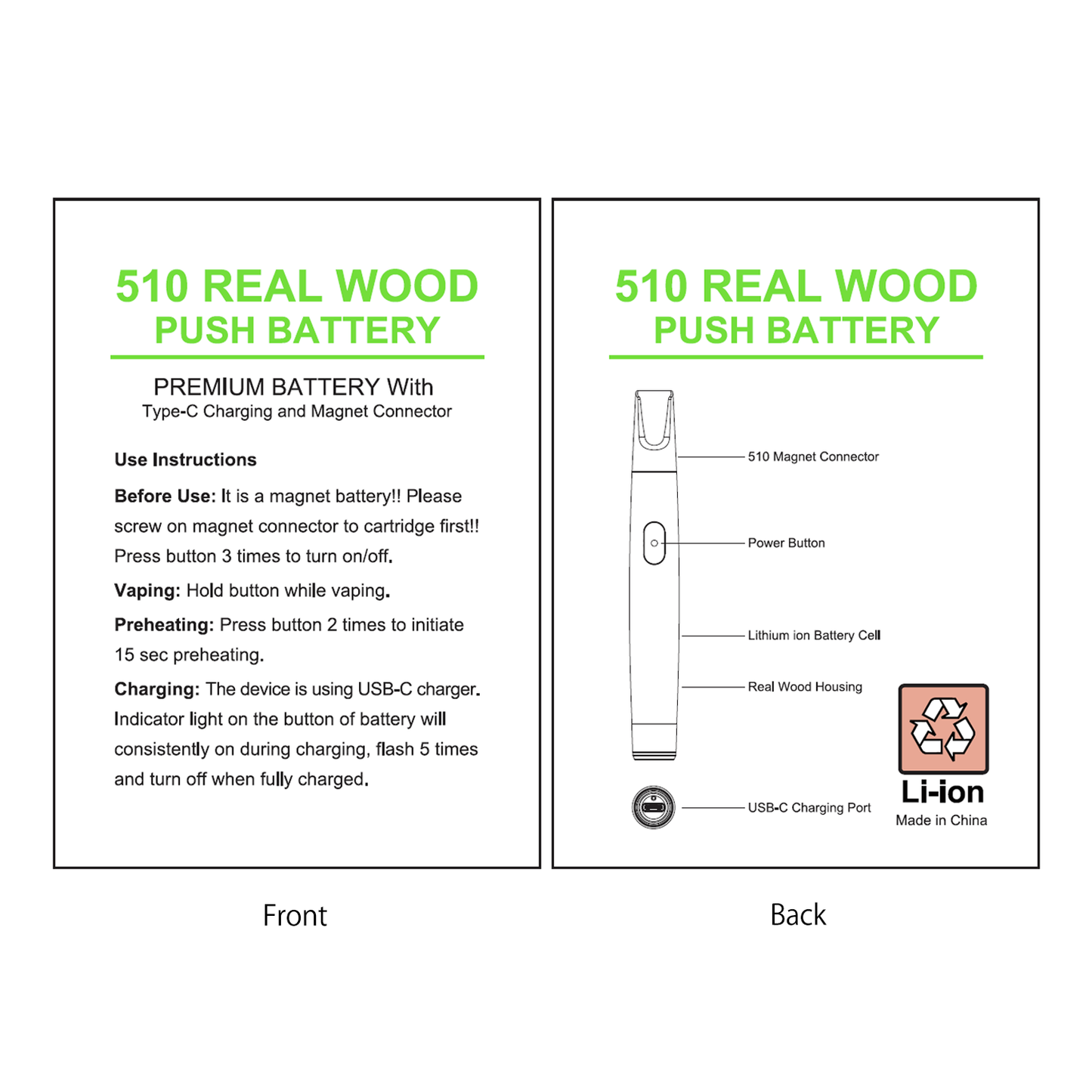 CannBro 510 Wood Design Button Vape Battery