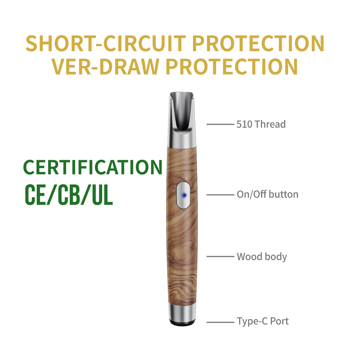 CannBro 510 Holzdesign Knopf-Vape-Akku 